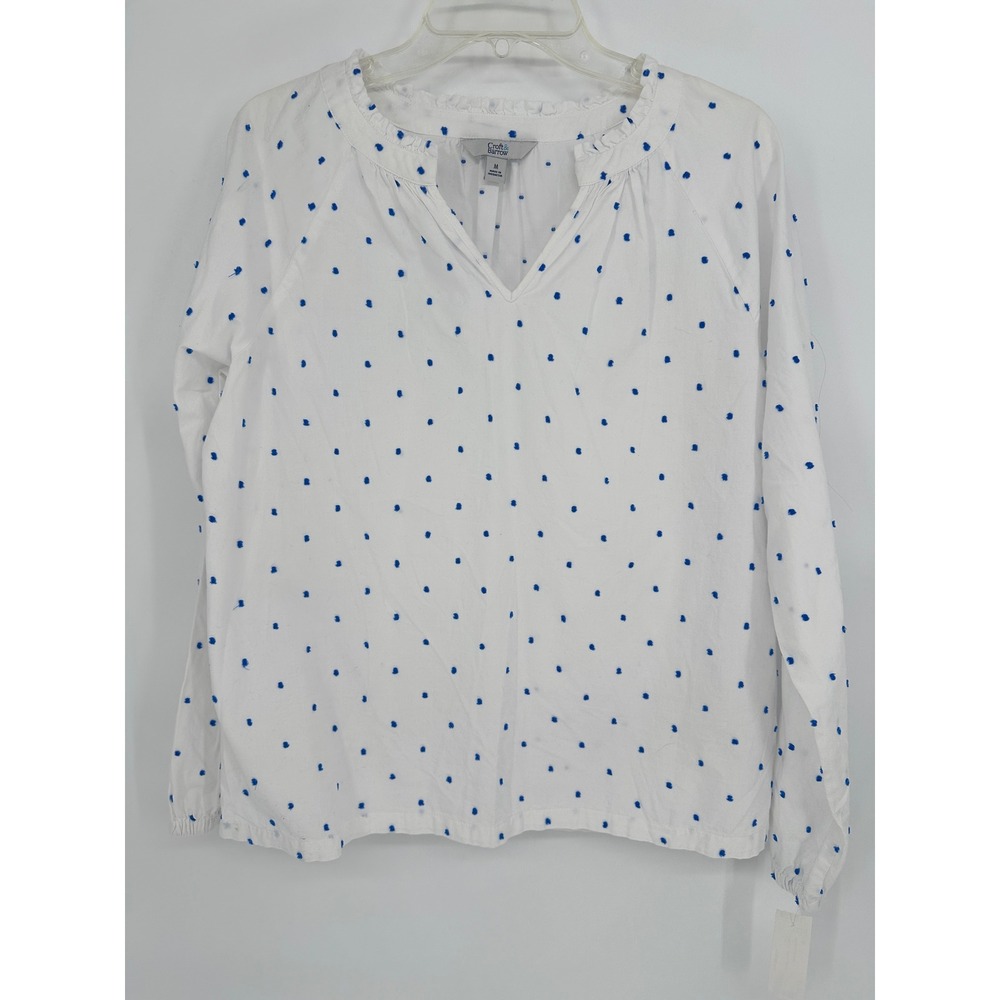 Croft & Barrow White Blue Polka Dot Ruffle Neck Long Sleeve Blouse Top‎ M